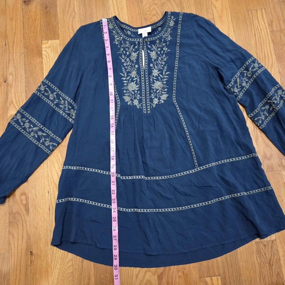 J‎ Jill Embroidered Floral Accent Long Sleeve Tunic Dark Teal Peacock - Picture 11 of 13